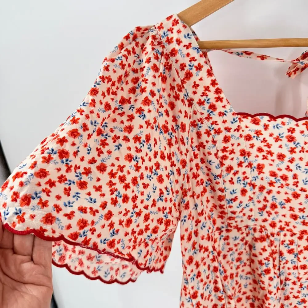 Old Navy Floral Babydoll Top Red Blue Medium Cottagecore Coastal Summer